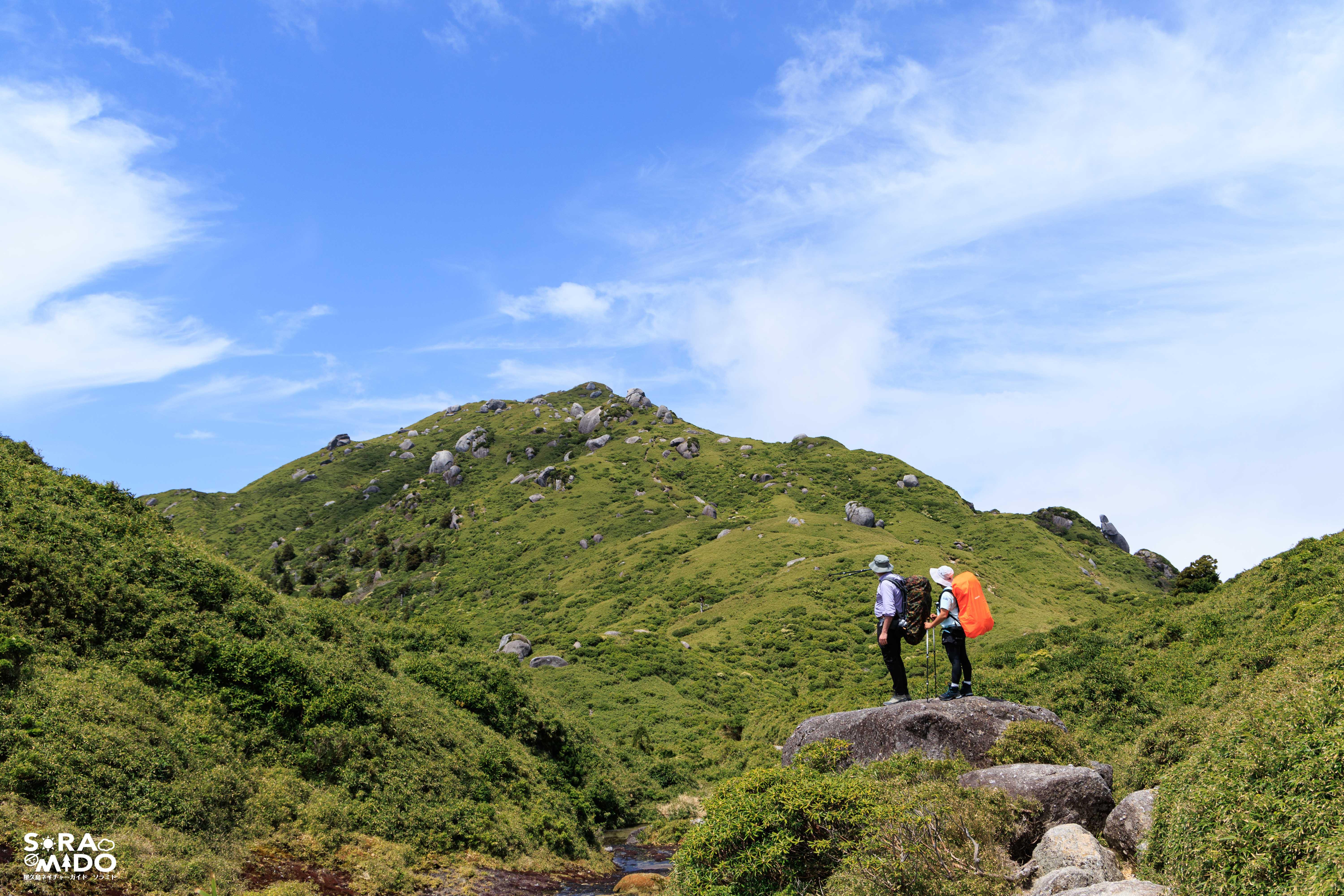 青空と緑の稜線を前に、岩の上から新たな冒険を見つめる二人のご夫婦。